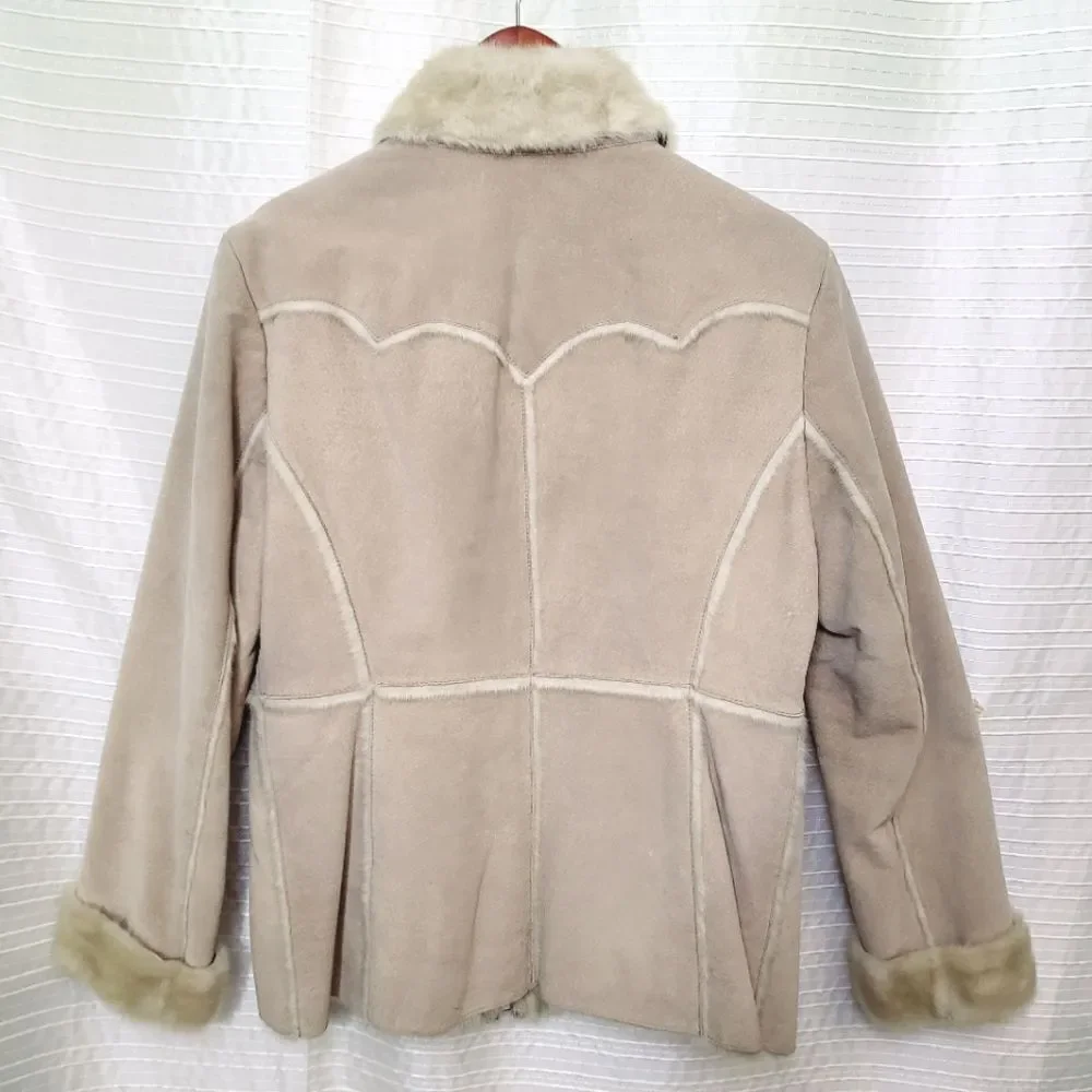 Y2K Guess Suede Leather Soft Faux Fur Lined Coat Light Tan Women's M